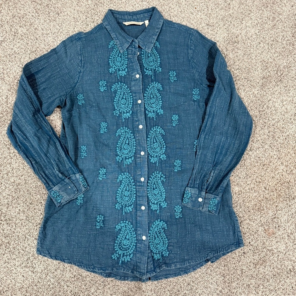 Soft Surroundings Teal Paisley Embroidered Distressed Buttoned Shirt Women’s M